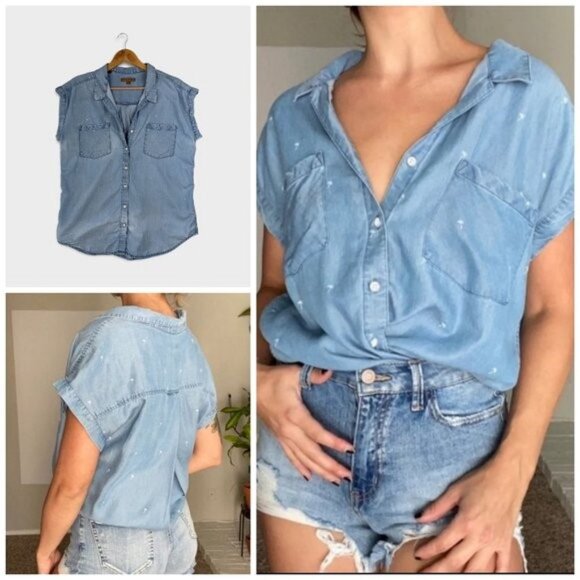 JACHS GIRLFRIEND Palm Tree Blue Denim Chambray Blouse Womens Size XL‎ - Picture 1 of 9